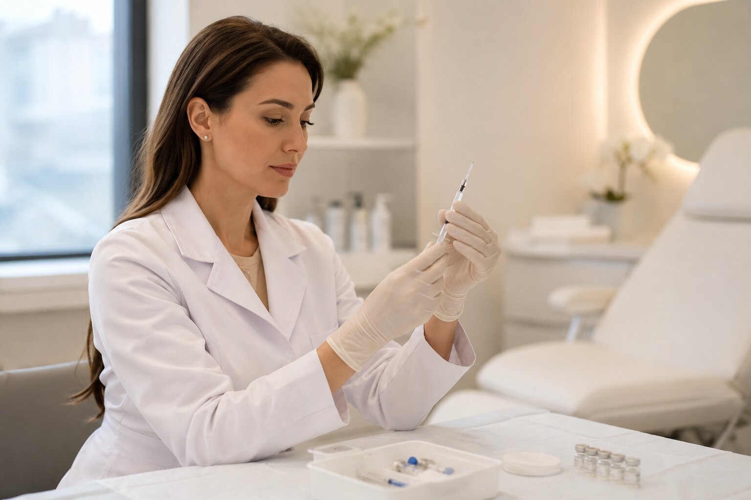 Cosmetisch arts bereidt een Profhilo huidverbeteringsbehandeling voor bij een patiënt