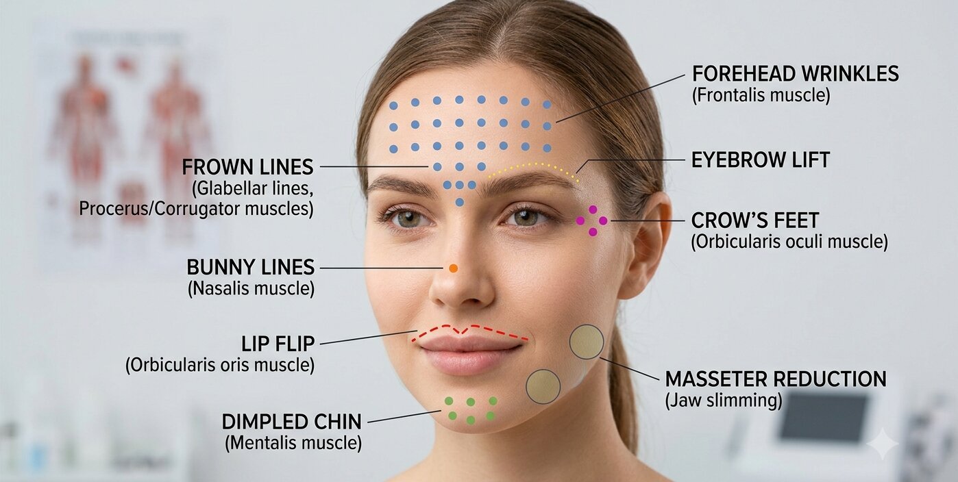 Overzicht behandelzones botox gezicht: voorhoofd, fronsrimpels, gummy smile, mondhoeken, kin