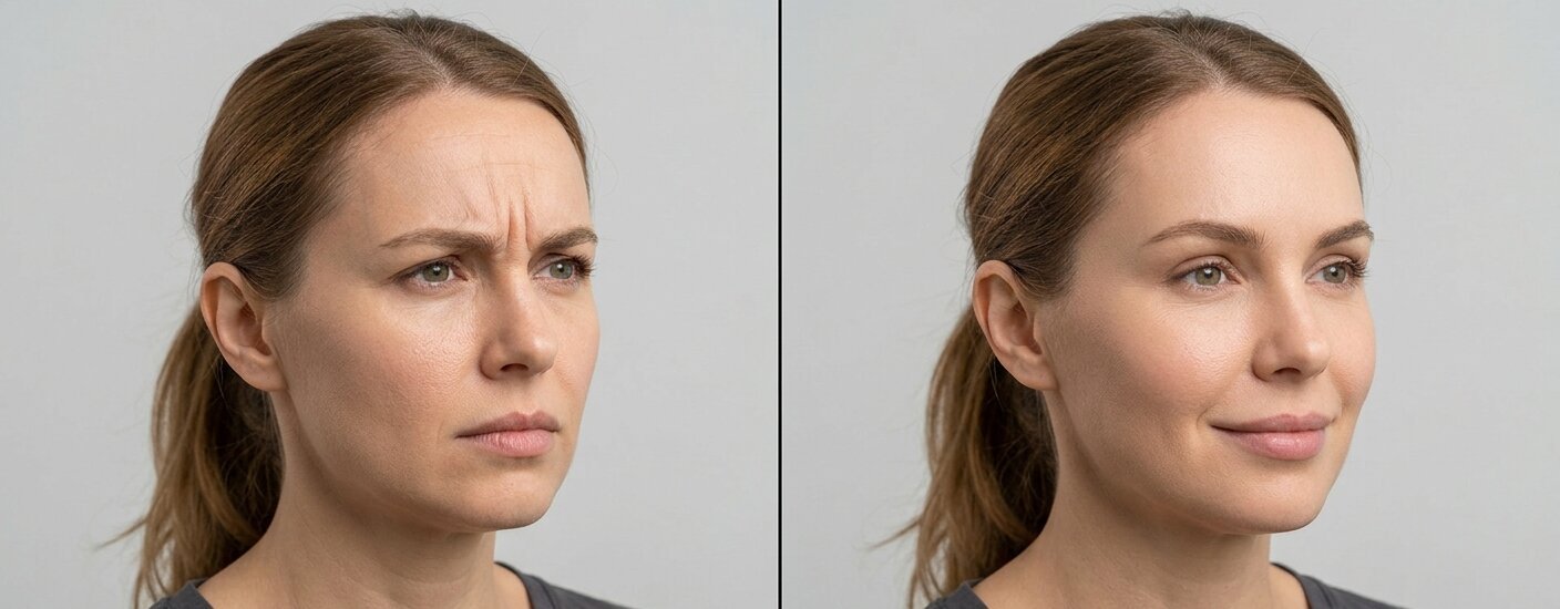 Vrouw met natuurlijke, ontspannen uitstraling na botox behandeling voor fronsrimpels